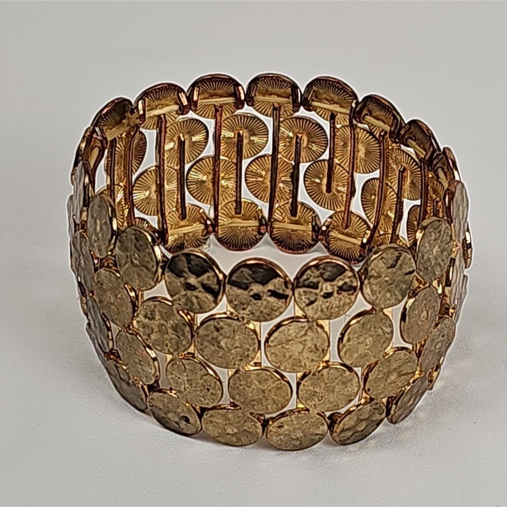 Vintage Style Hammered Gold Tone Disc Statement Bracelet Wide Cuff Boho